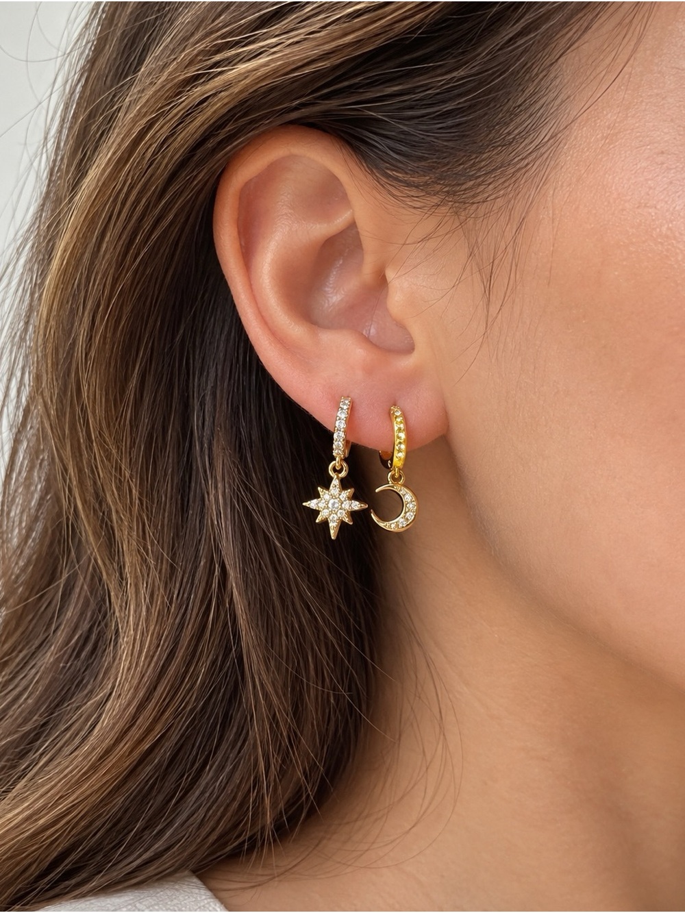 Star and Crescent Moon Earrings Set- Gold with Rhinestones